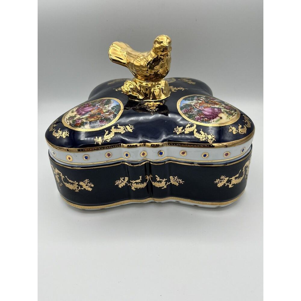 Sevres France Porcelain Hand Painted Vintage Lidded Art Bowl Gold Trim Bird Top
